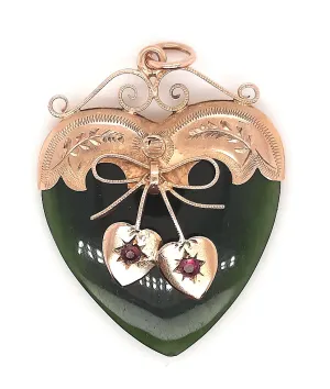 Handmade Nephrite Jade & Ruby Heart Shaped Pendant with Yellow Gold