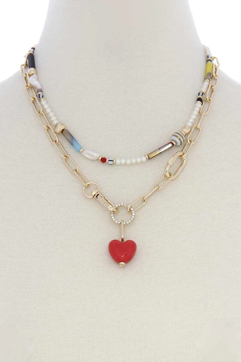 Heart Shape Oval Link Beaded Layer Necklace