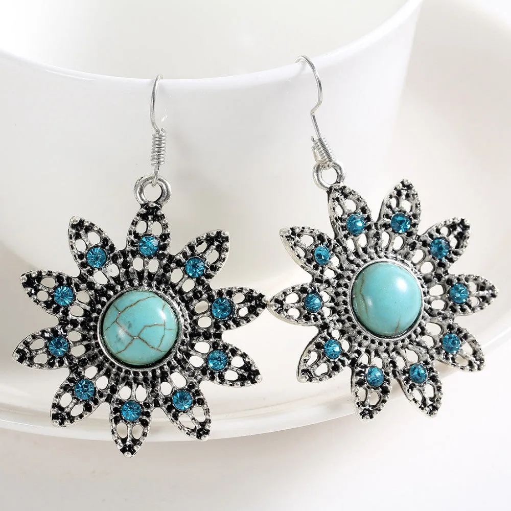 Hot earring Charming Ethnic Tibetan Silver Oval Rimous Turquoise Earring Crystal Drop Dangle Earrings Christmas Gift for Women