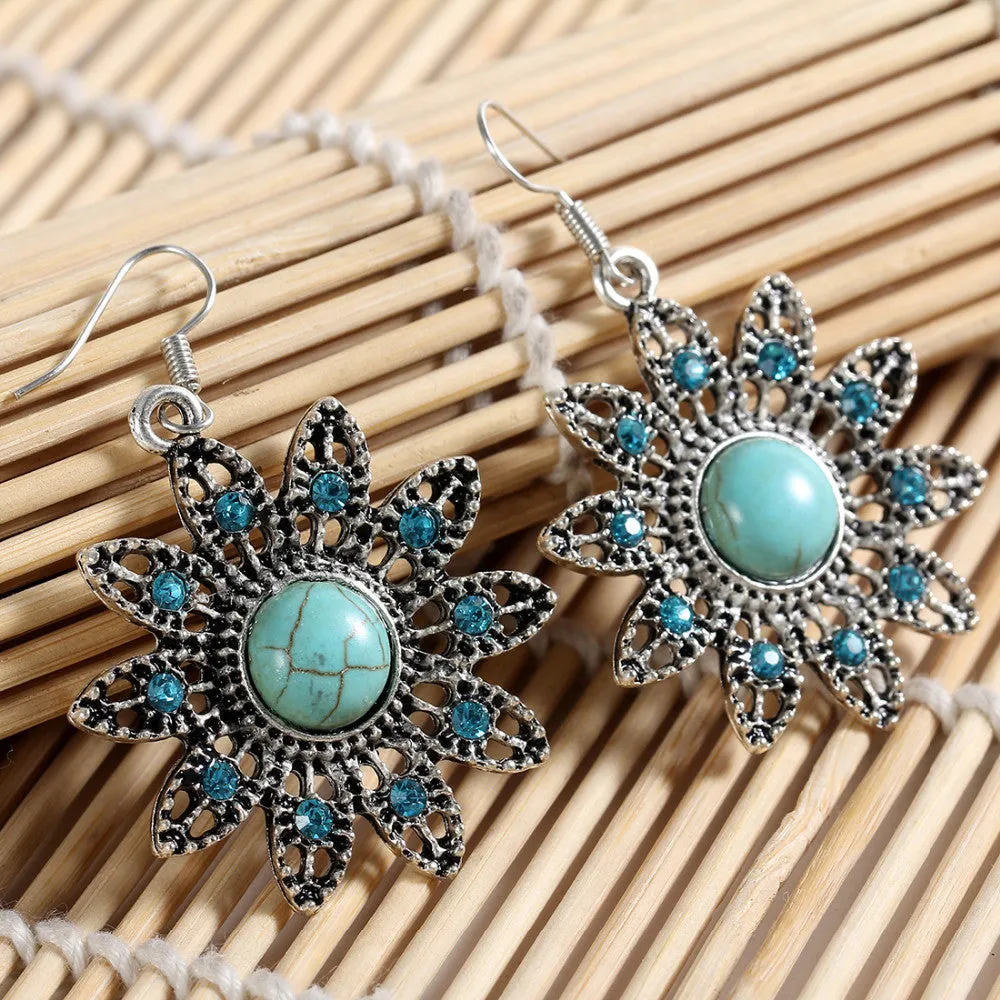 Hot earring Charming Ethnic Tibetan Silver Oval Rimous Turquoise Earring Crystal Drop Dangle Earrings Christmas Gift for Women