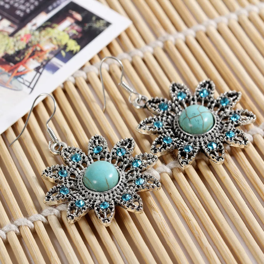 Hot earring Charming Ethnic Tibetan Silver Oval Rimous Turquoise Earring Crystal Drop Dangle Earrings Christmas Gift for Women