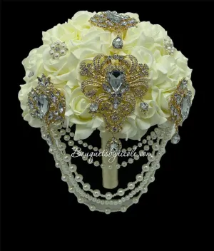 Ivory Cascade Real Touch Roses Brooch Bouquet