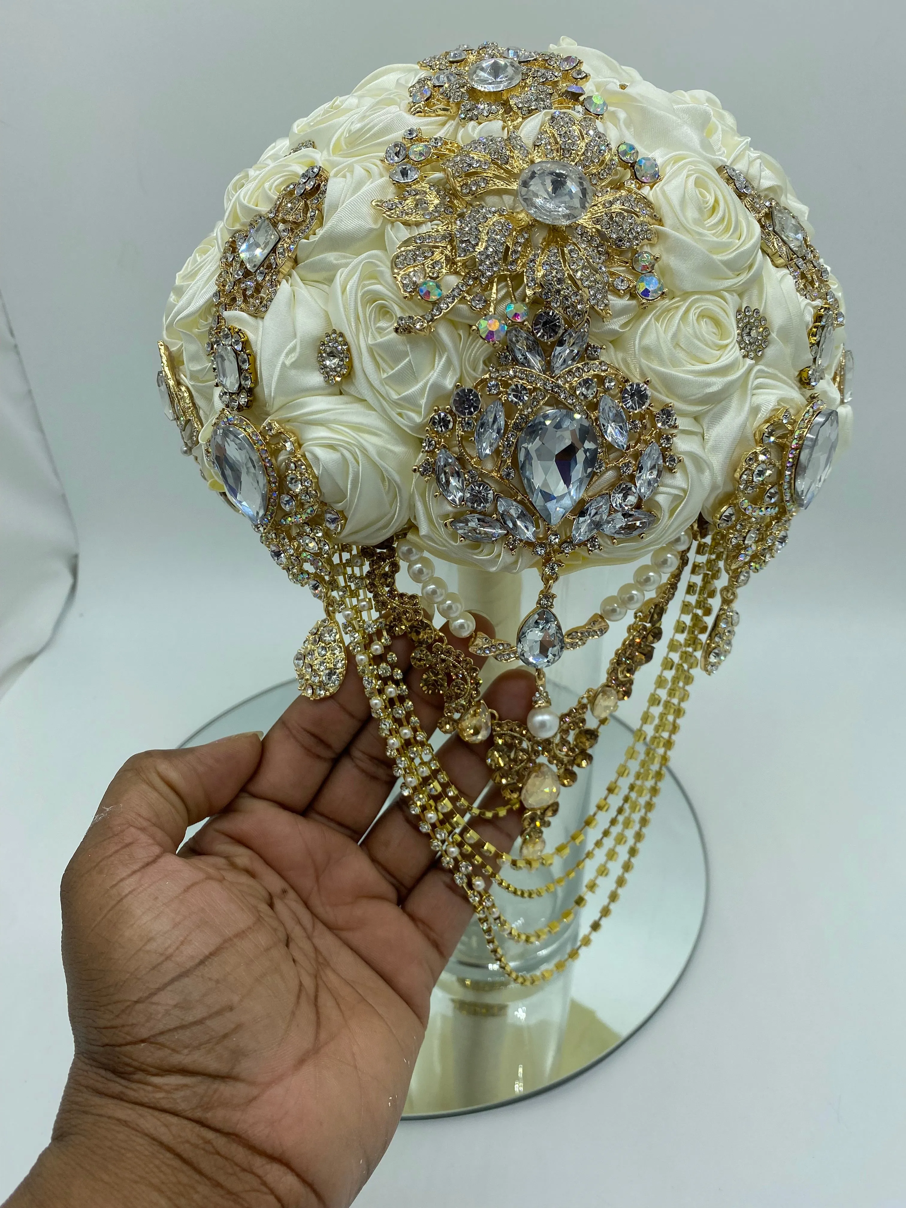 Ivory Satin Roses Brooch Bouquet BOU-ADAH