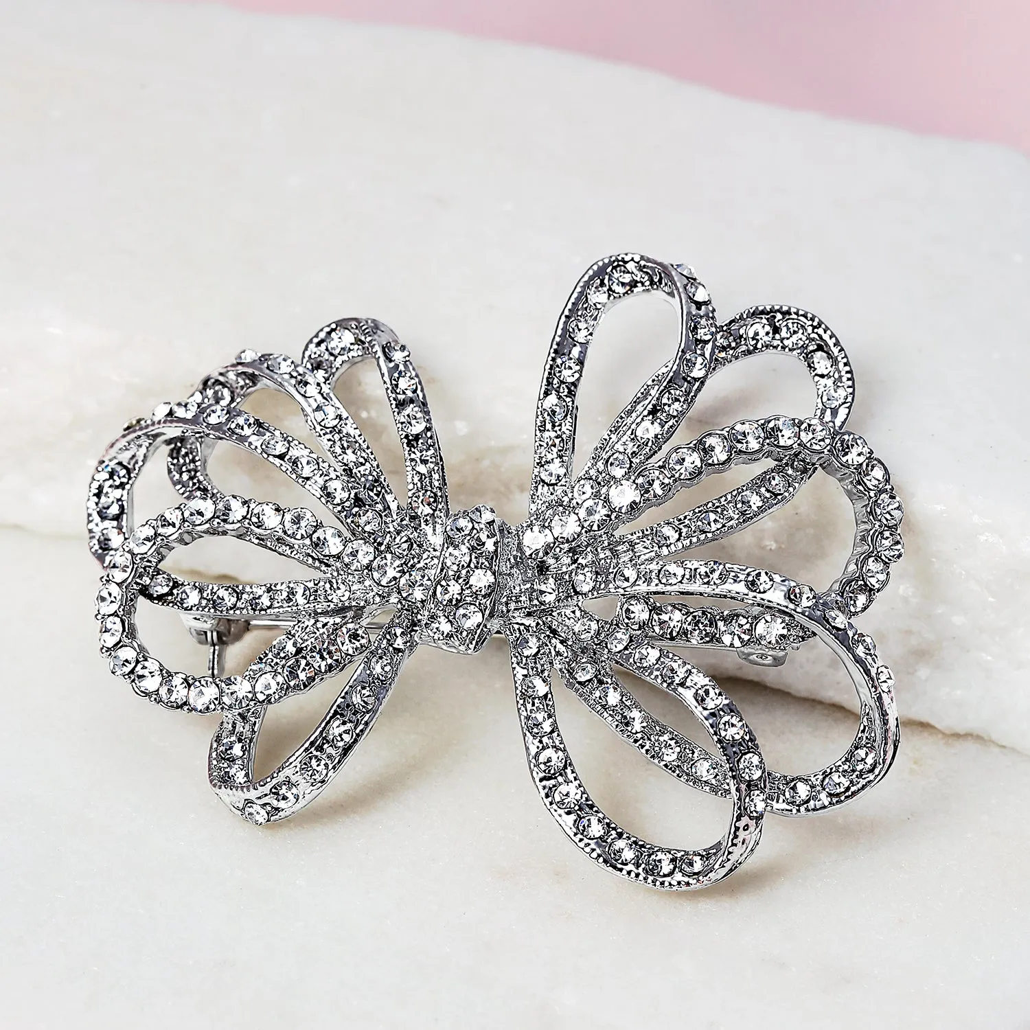 Large Bridal Holiday Statement Crystal Wedding Bow Brooche Pin Silver Rose Gold Tone