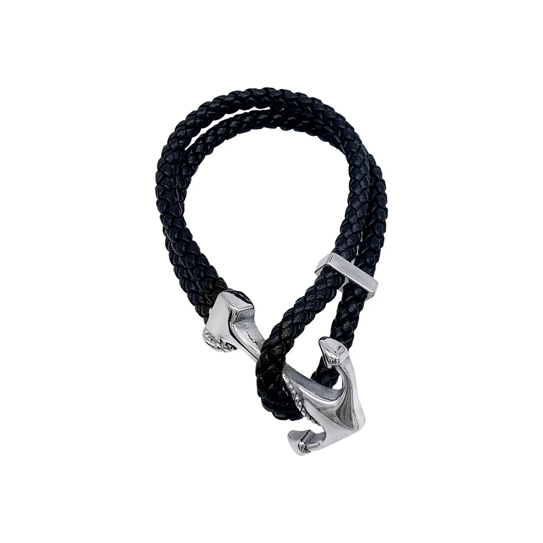 Leather and Anchor Hook Bracelet silver