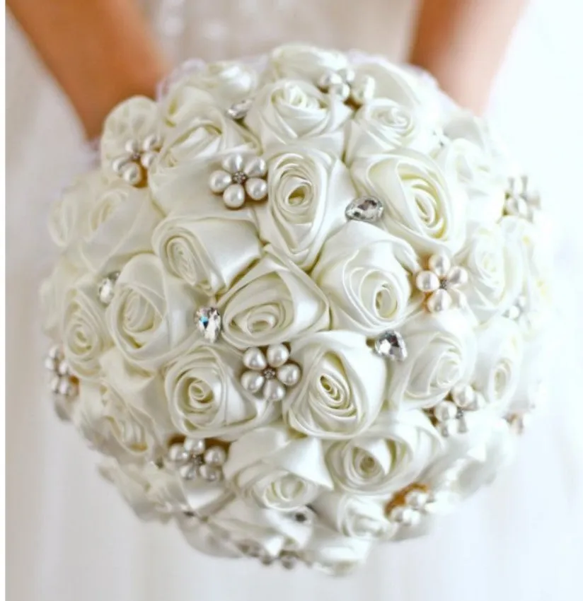 MACY~ White Satin Roses Cascade Waterfall Brooch Bouquet