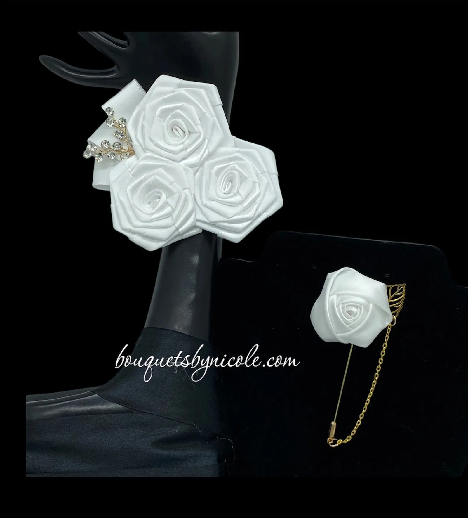 MACY~ White Satin Roses Cascade Waterfall Brooch Bouquet