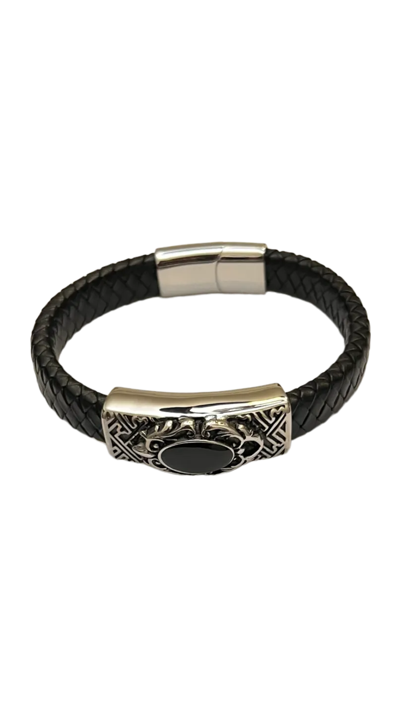 Men's Black Leather and Silver Fashion Design Bracelet