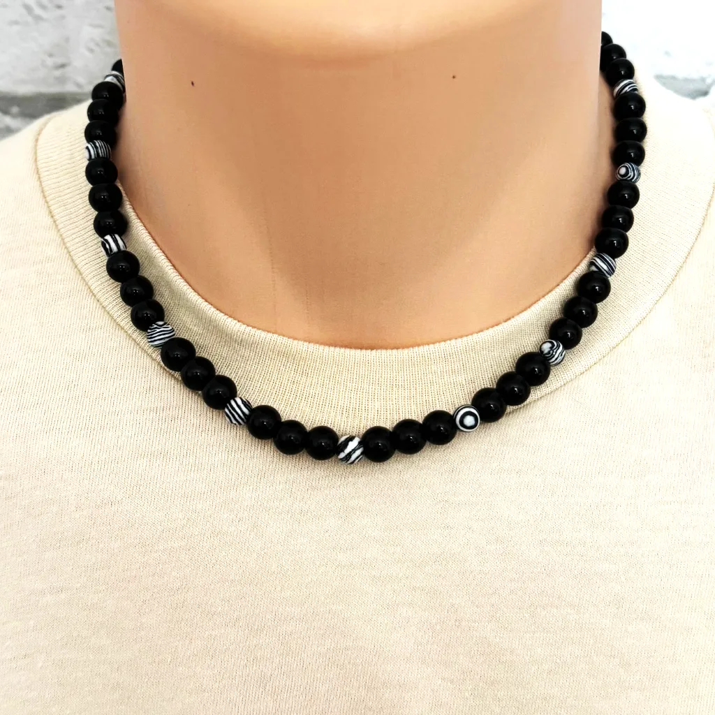 Mens Black Onyx and Black and White Agate Beaded Necklace