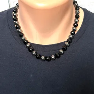 Mens Black Onyx and Hematite 10mm Beaded Necklace