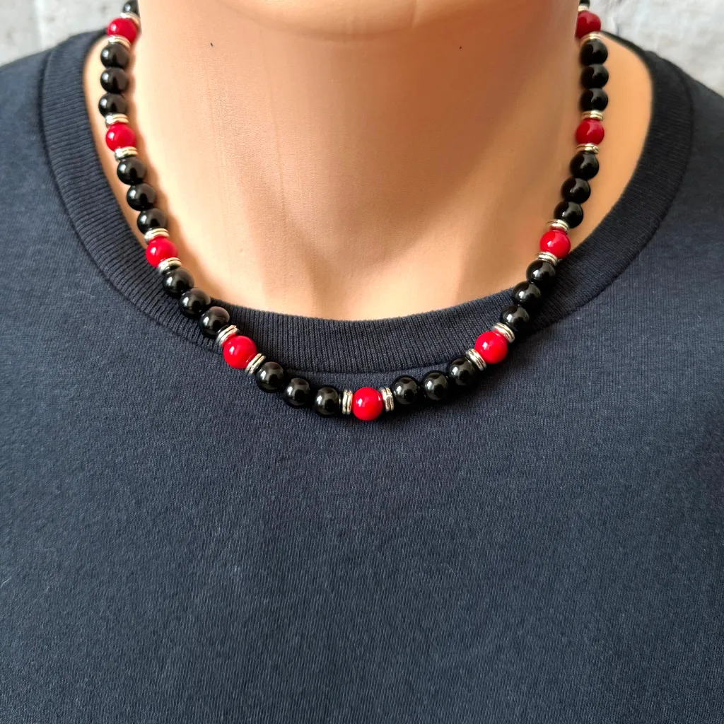 Mens Black Onyx and Red Agate Beaded Necklace