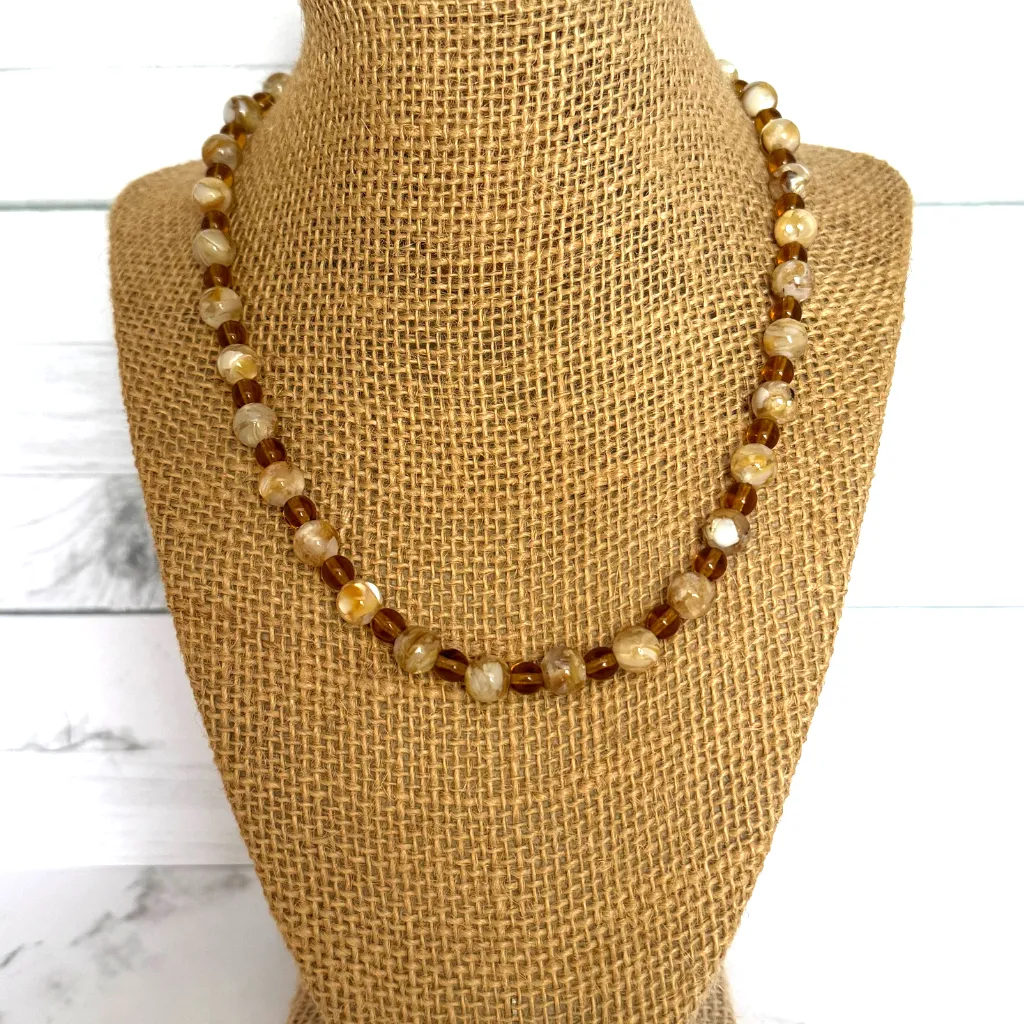 Mens Mother of Pearl Beige Beaded Necklace