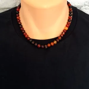 Mens Orange and Black Agate Beaded Necklace