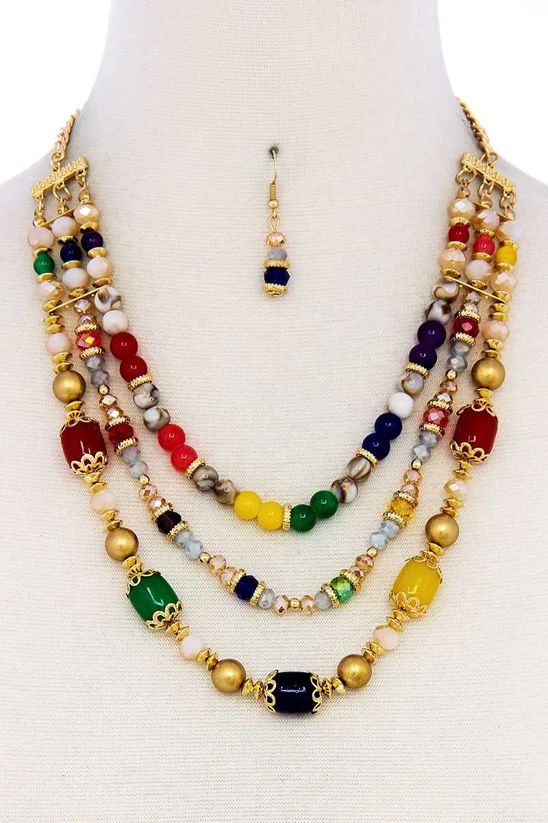 Multi Beaded Three Layer Necklace And Earring Set