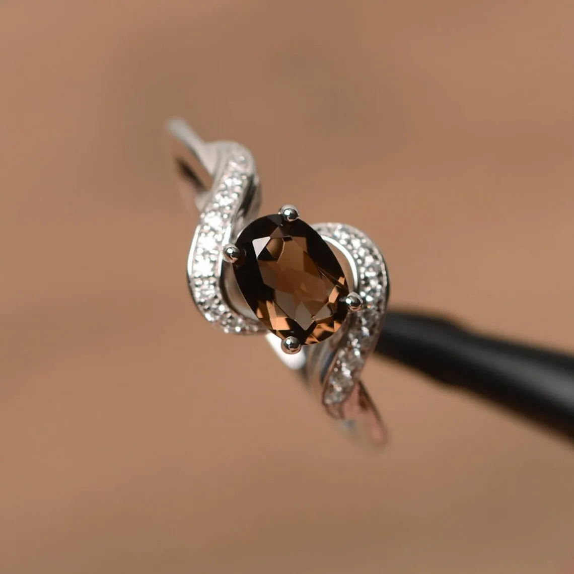 Natural Oval Cut Smoky Quartz Unique Promise Ring - 925 Sterling Silver Ring