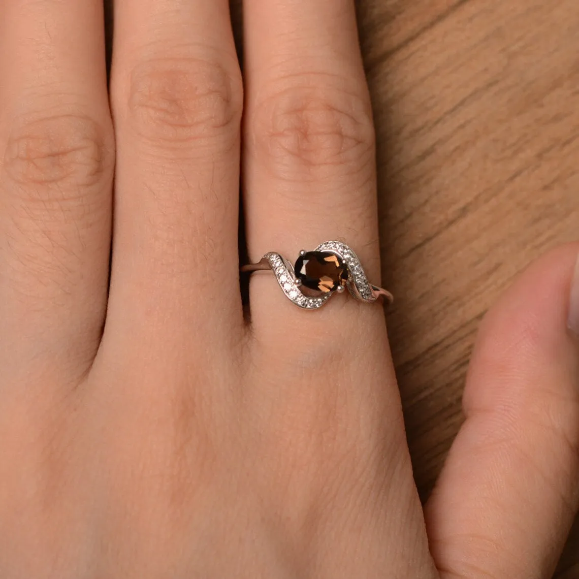 Natural Oval Cut Smoky Quartz Unique Promise Ring - 925 Sterling Silver Ring