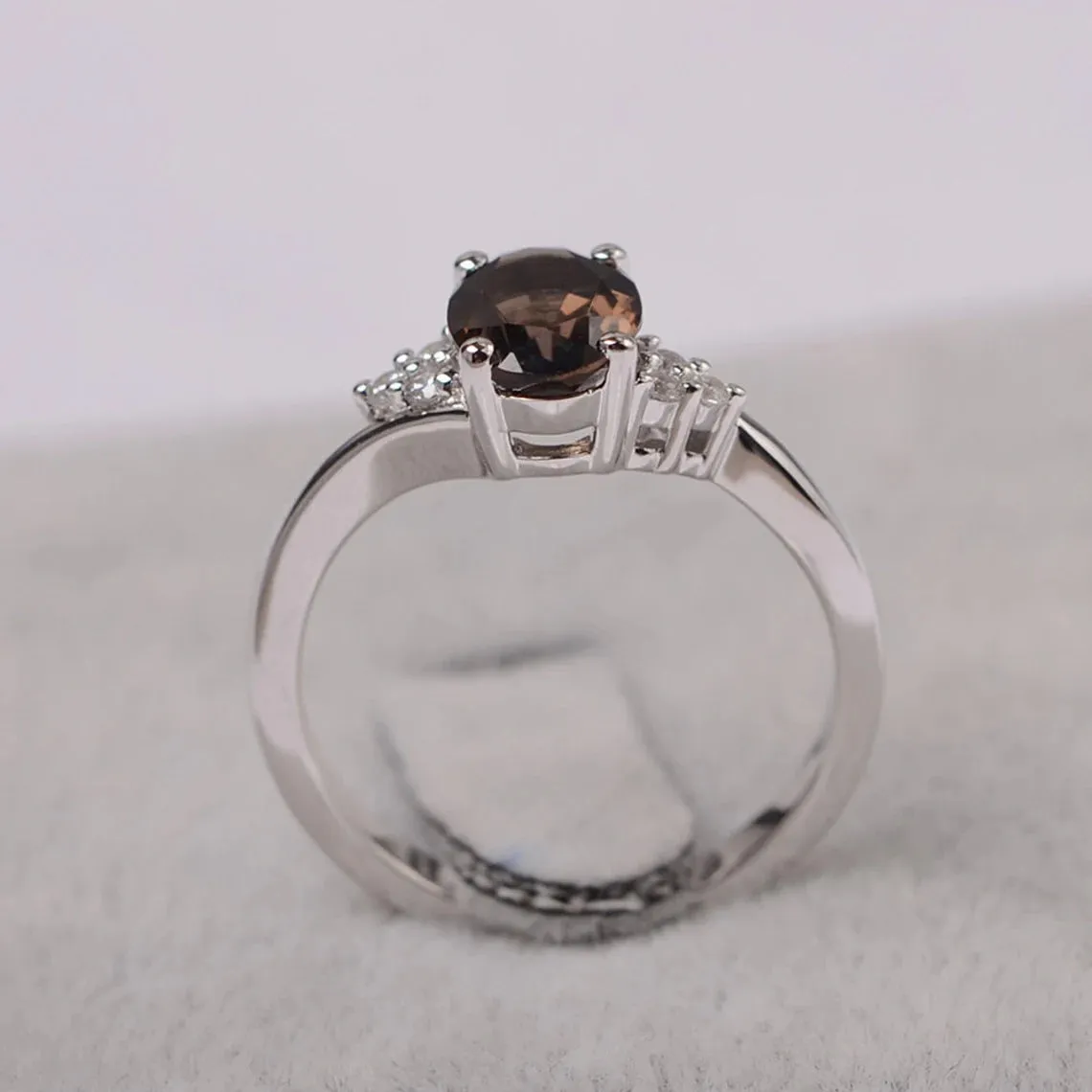 Natural Oval Cut Smoky Quartz Wedding Rings - 925 Sterling Silver Ring