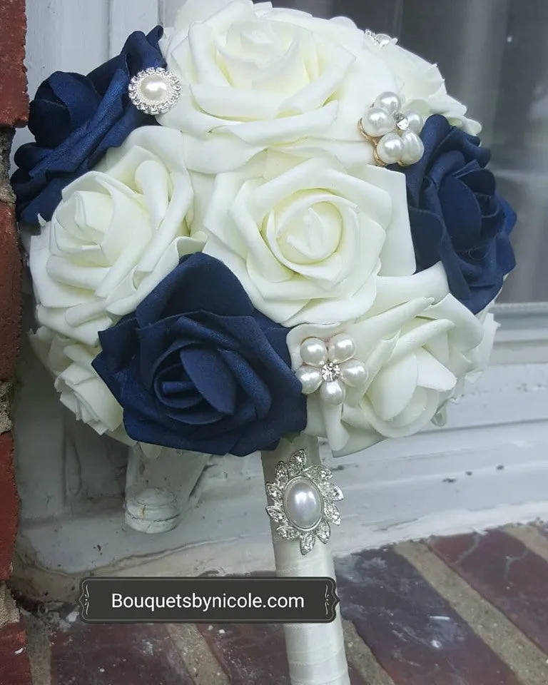 NAVY Blue Round Bouquet l Real Touch Roses Brooch Bouquet~ BLUEY DIY Kit