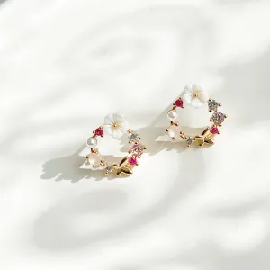 Ninaouity Gold Flower Wreath Earrings - with Pink Crystal Mini Pearl: Earrings