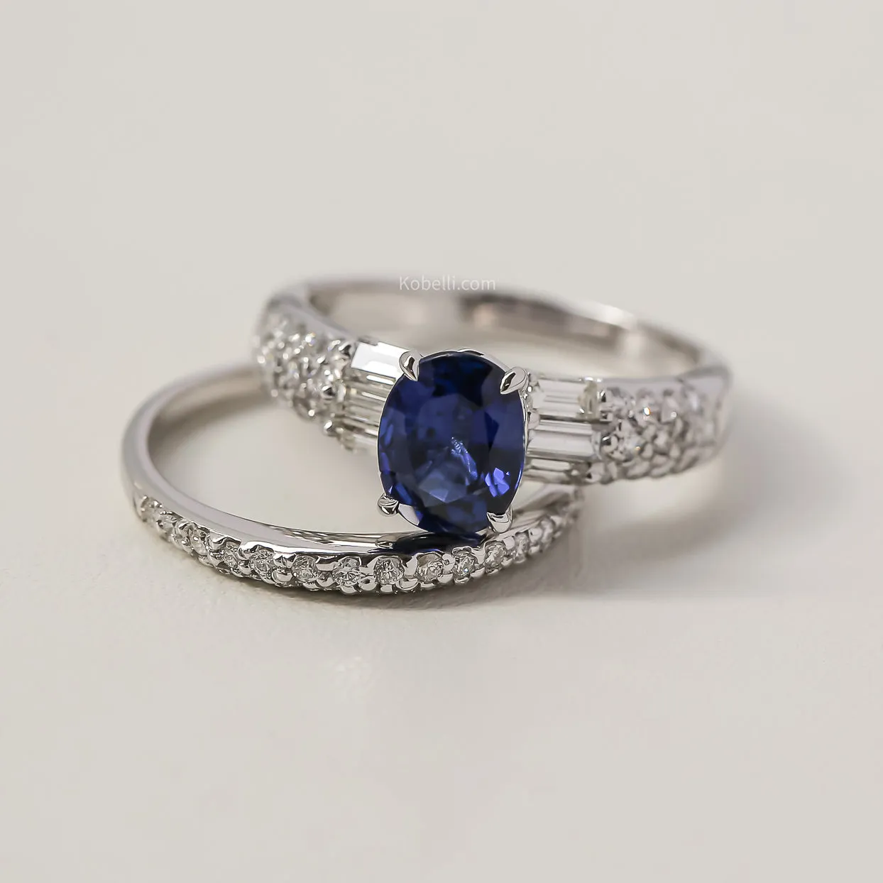 Oval Sapphire Diamond Lined Bridal Rings