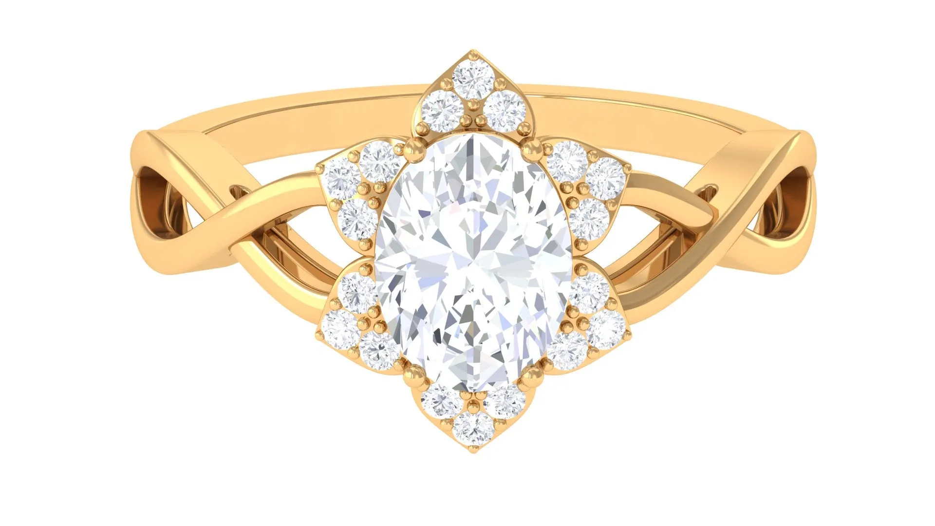 Oval Zircon Solitaire Infinity Ring with Floral Halo