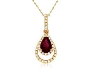 Pear Shaped Ruby Double Diamond Halo Pendant Necklace in 14k Yellow Gold