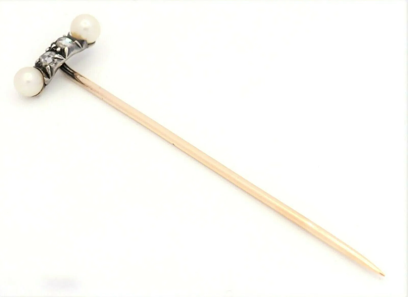 Pearl & Diamond Handmade Stick Pin 9ct Yellow Gold Fine Vintage Jewellery