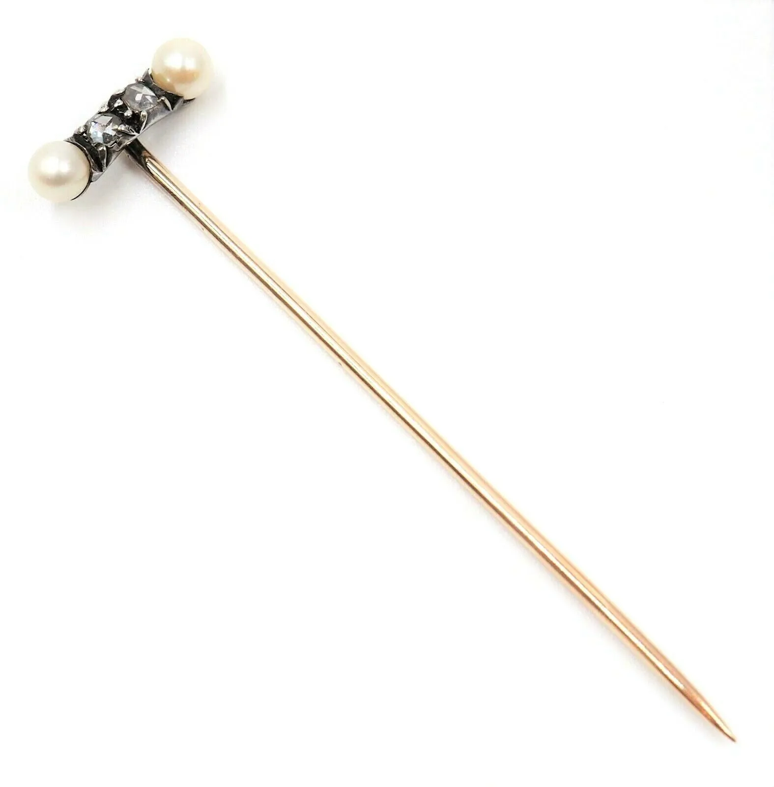 Pearl & Diamond Handmade Stick Pin 9ct Yellow Gold Fine Vintage Jewellery