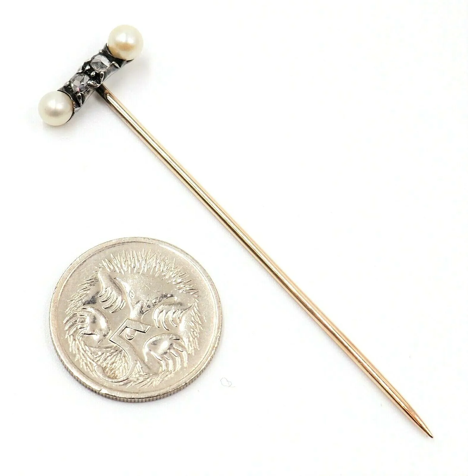 Pearl & Diamond Handmade Stick Pin 9ct Yellow Gold Fine Vintage Jewellery