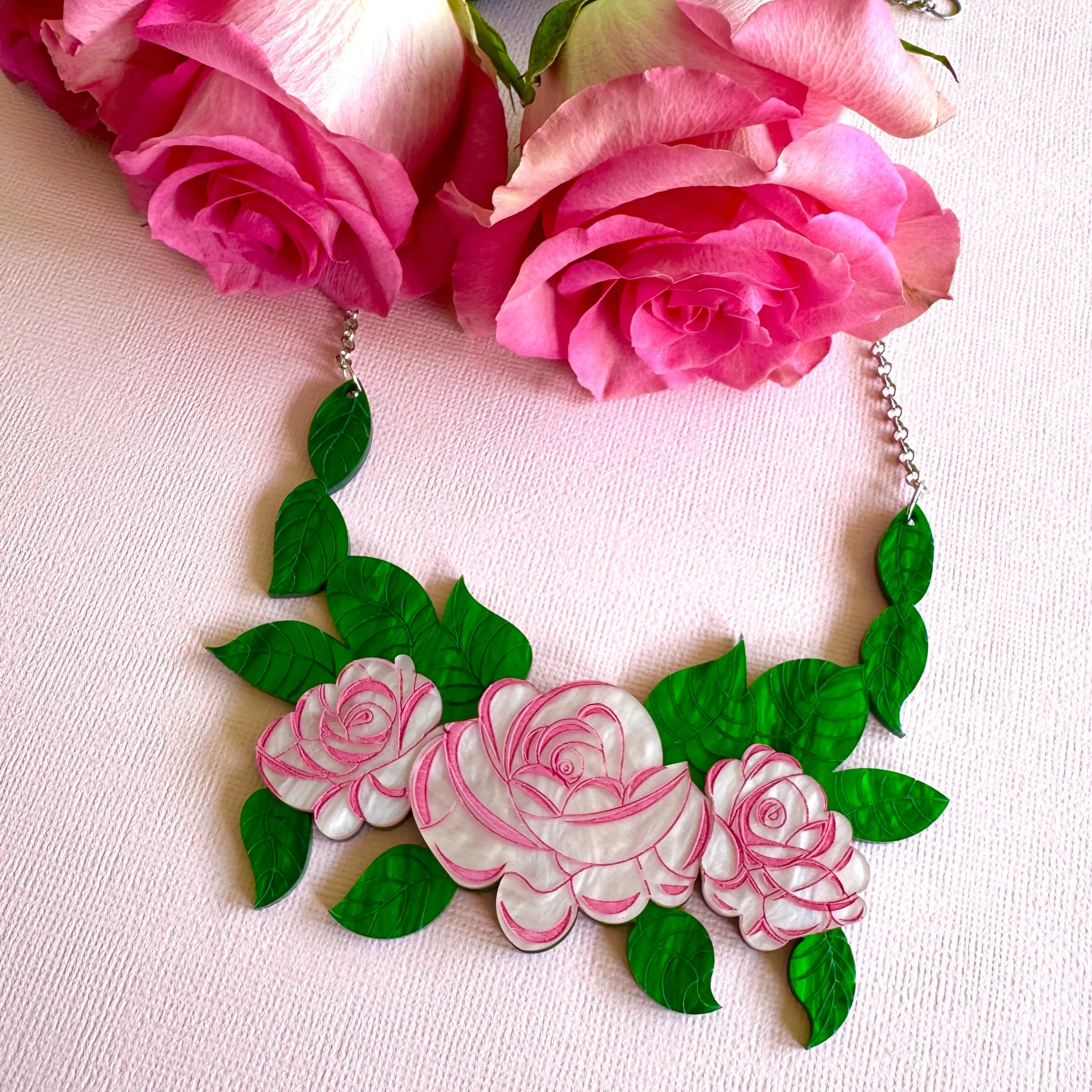 Pink rose - necklace - Set of 2