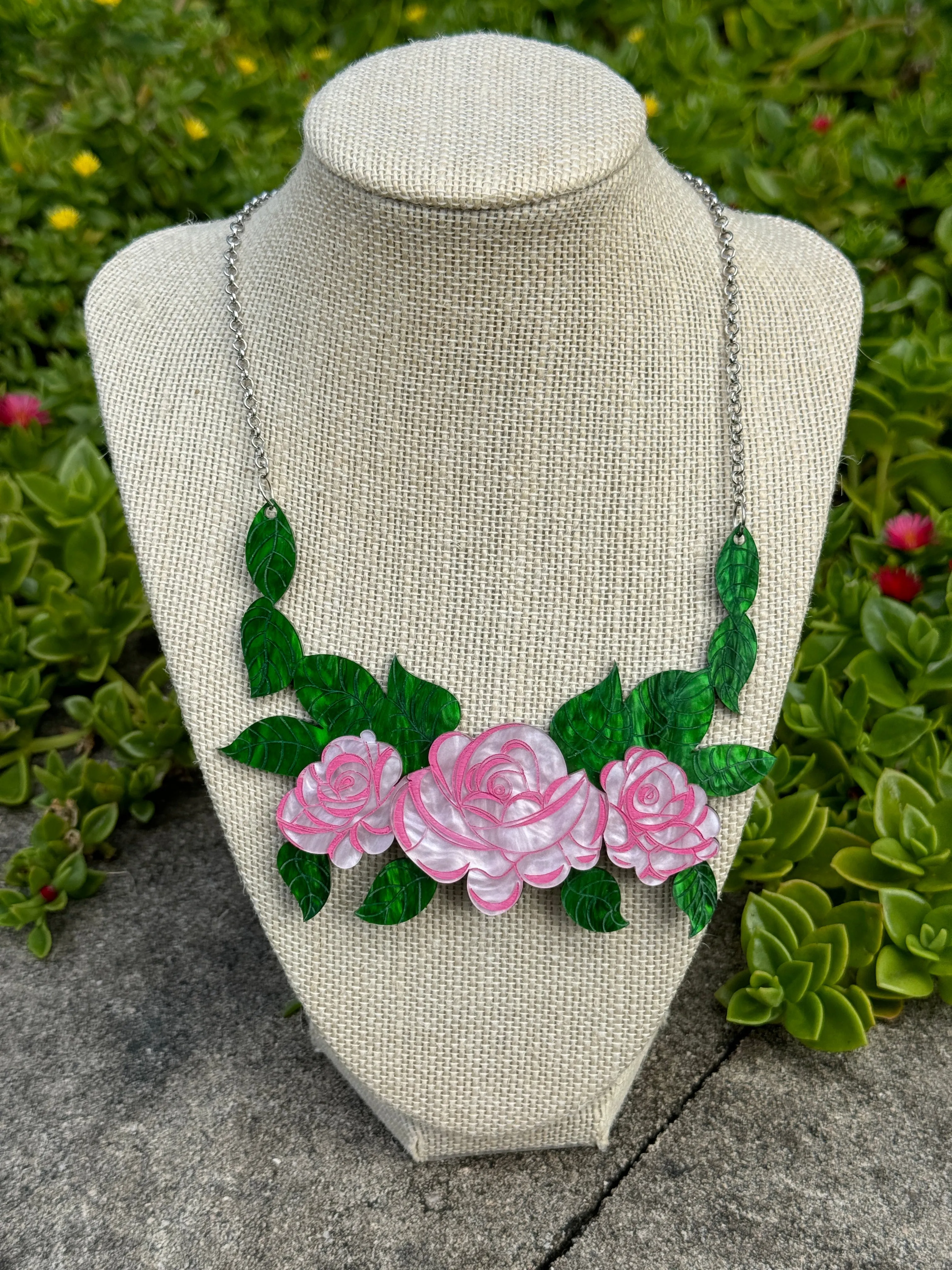 Pink rose - necklace - Set of 2