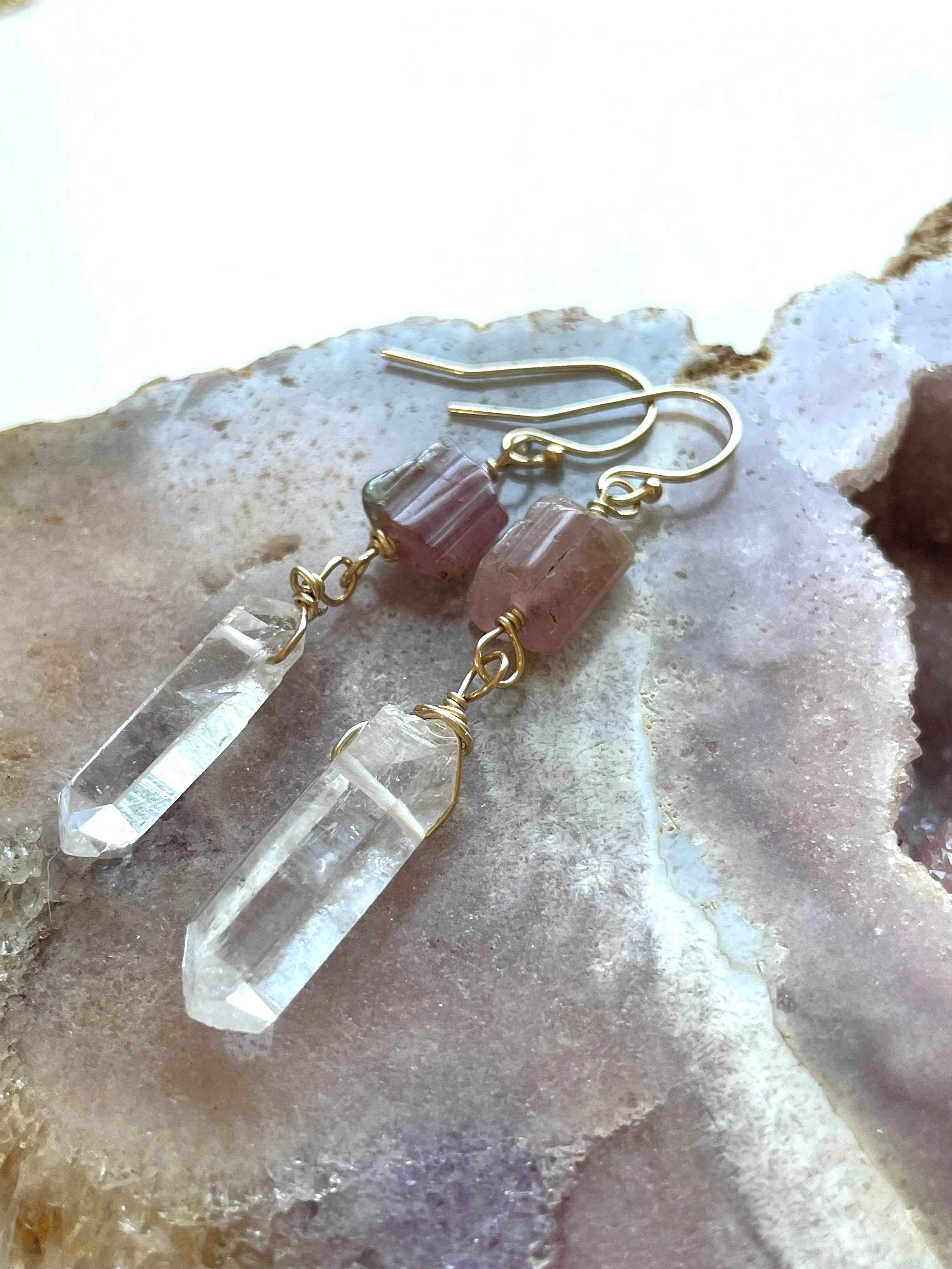 Pink Tourmaline and Raw Clear Quartz Crystal Earrings on Gold fill