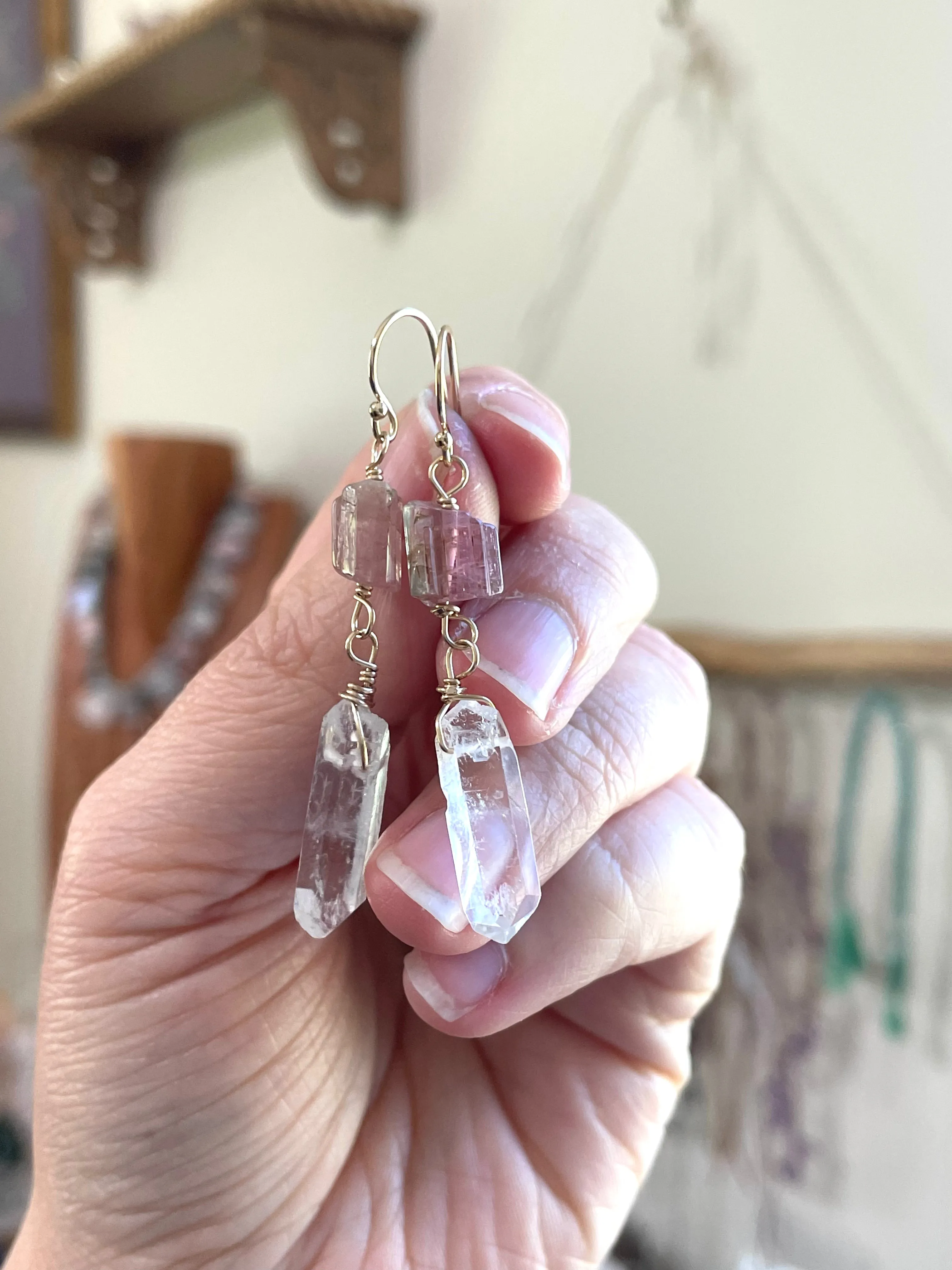 Pink Tourmaline and Raw Clear Quartz Crystal Earrings on Gold fill