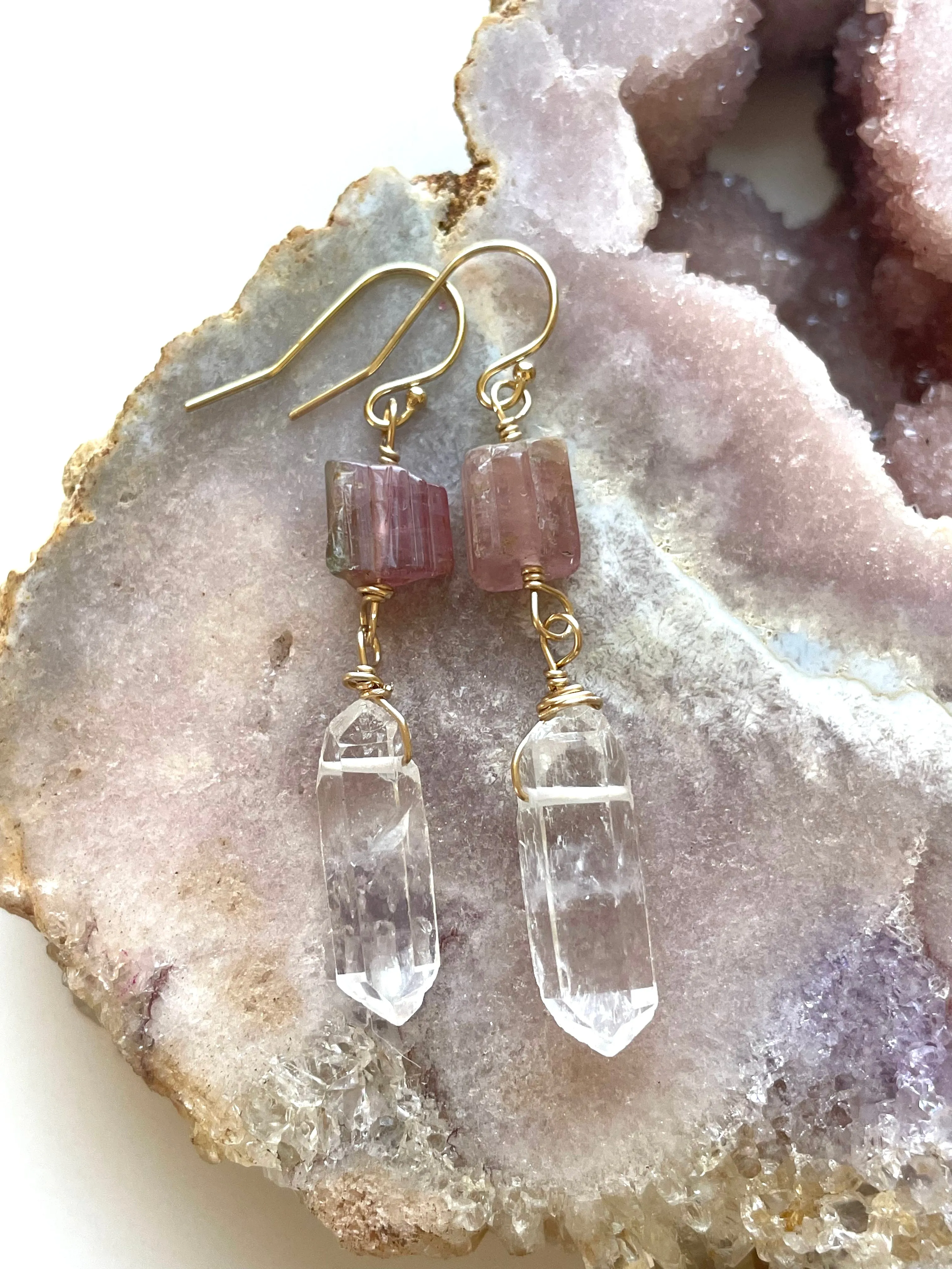 Pink Tourmaline and Raw Clear Quartz Crystal Earrings on Gold fill