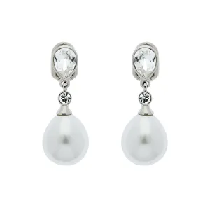 Platinum Crystal & Teardrop Pearl Clip Earrings