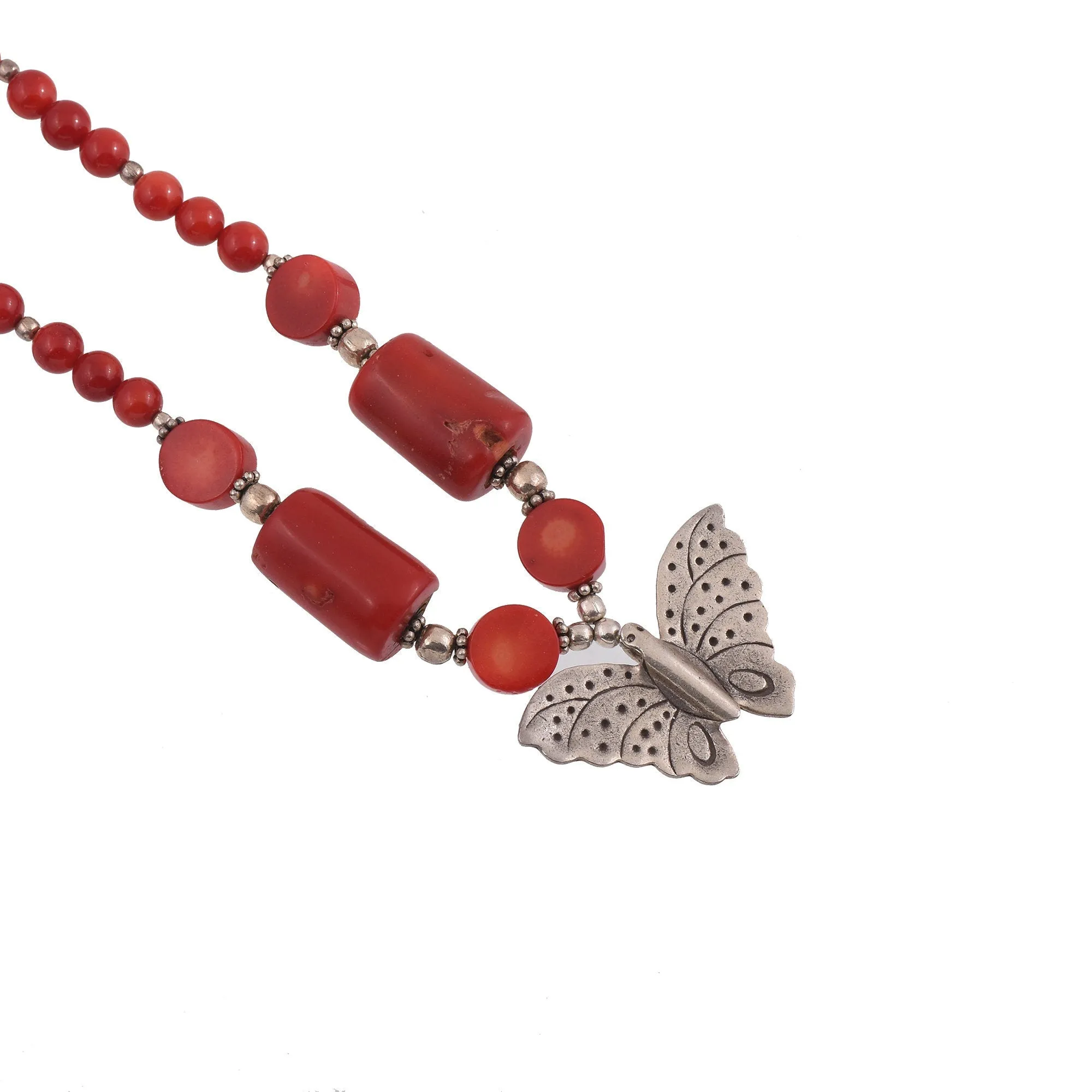 Real Red stone Necklace with Silver Butterfly