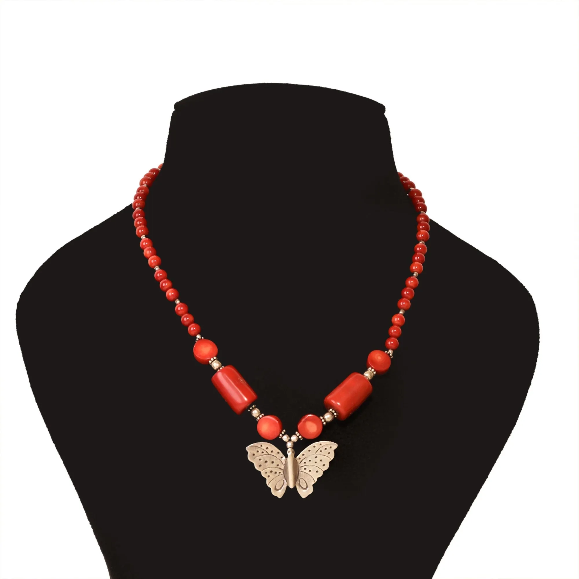 Real Red stone Necklace with Silver Butterfly