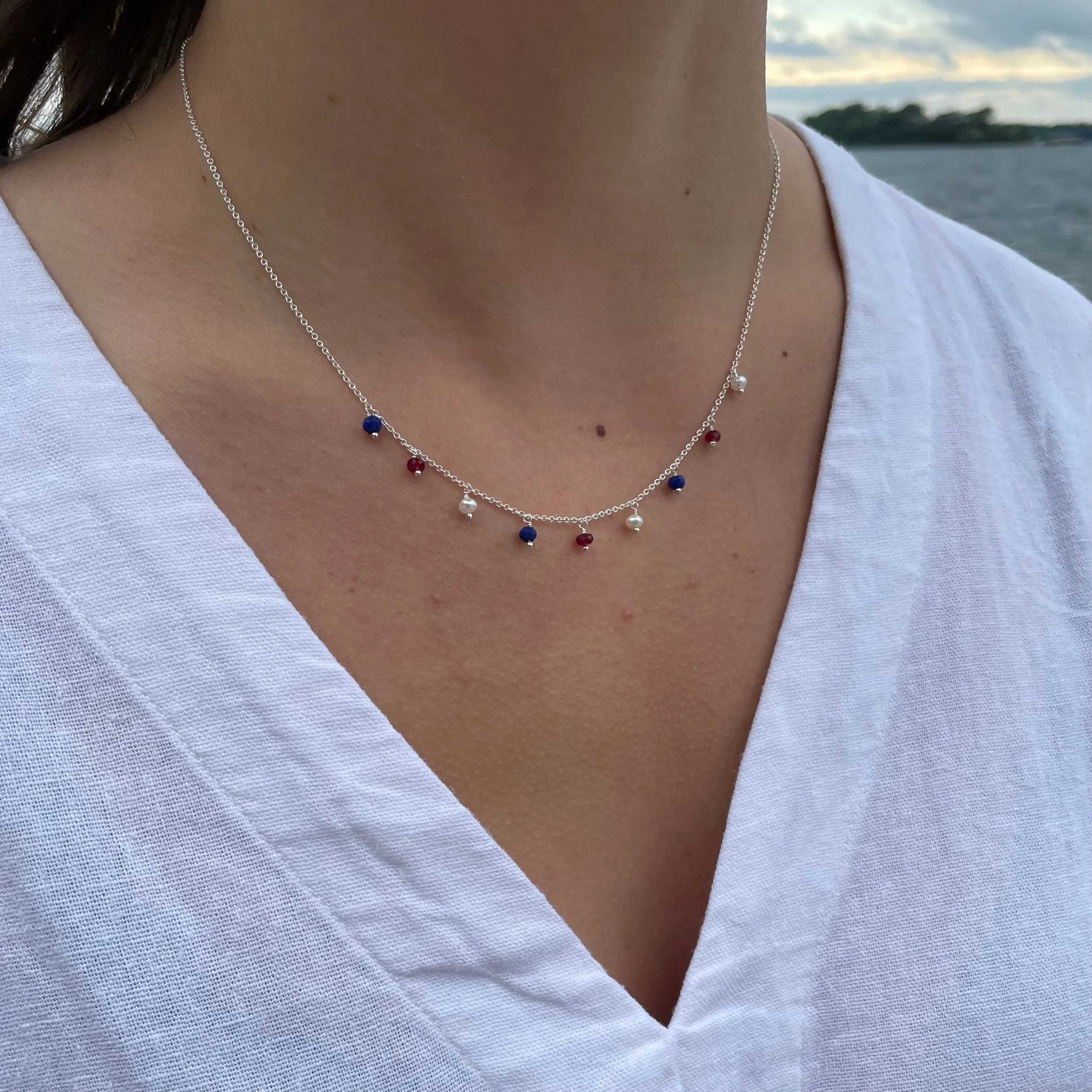 Red, White & Blue Gemstone Multidrop Necklace