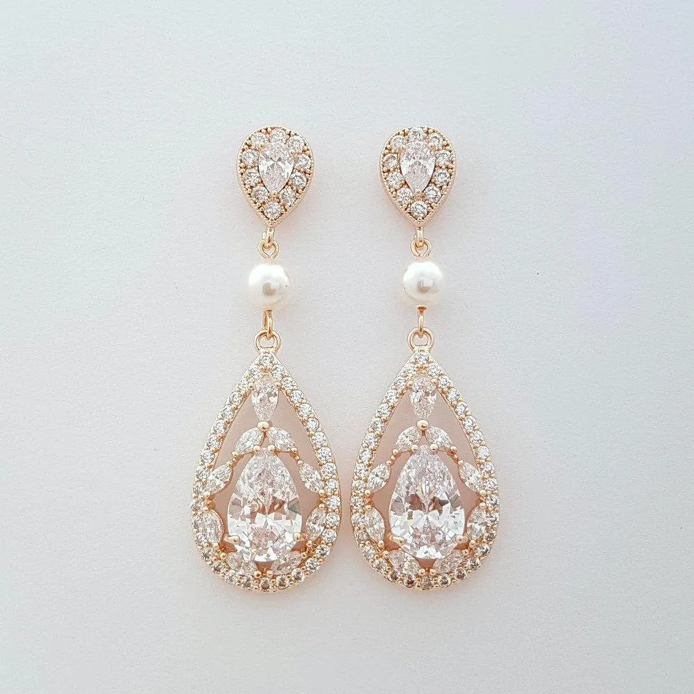 Rose Gold CZ Crystal Earrings for Weddings & Brides-Esther