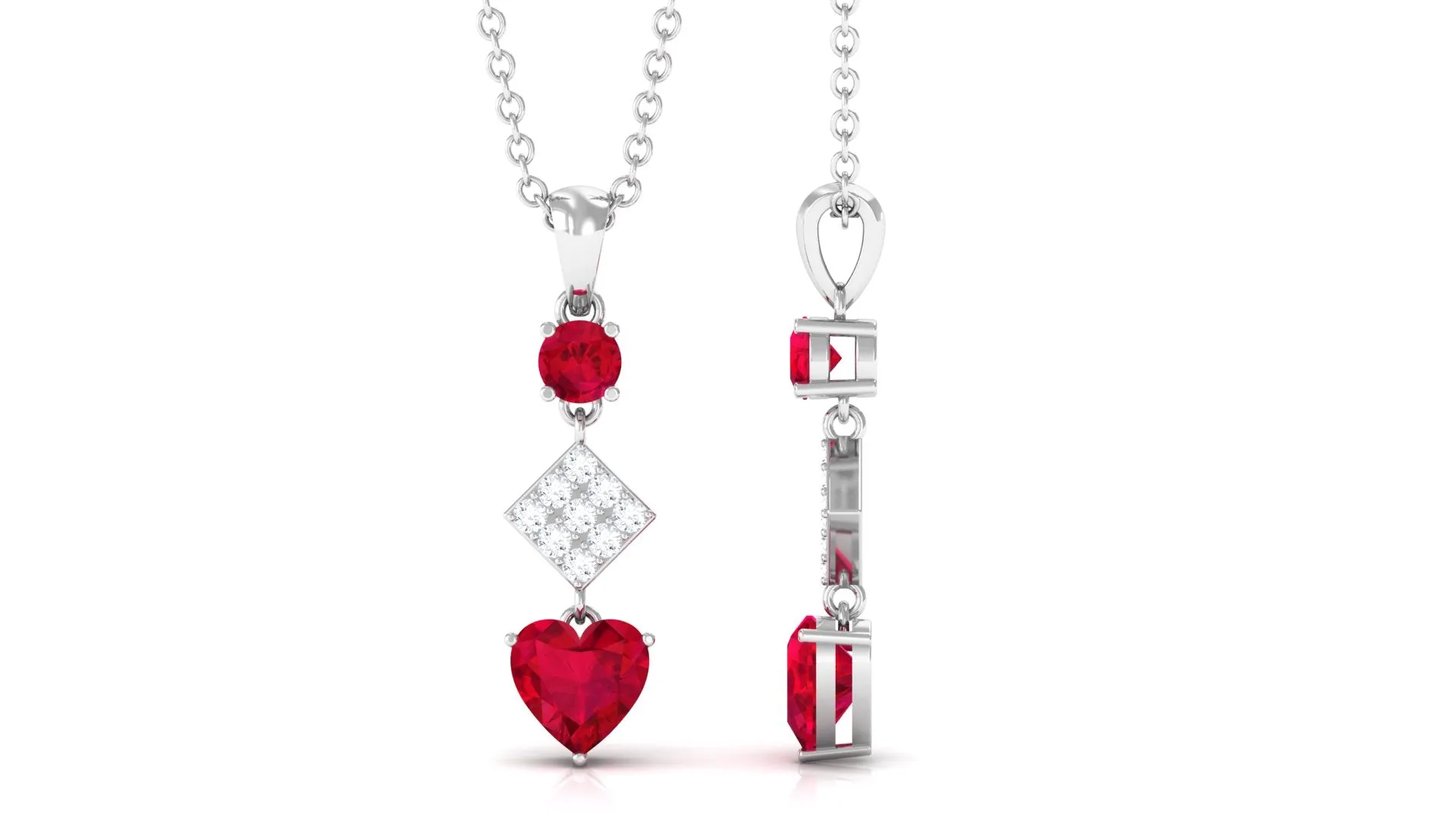 Round and Heart Shape Created Ruby Dangle Pendant with Diamond