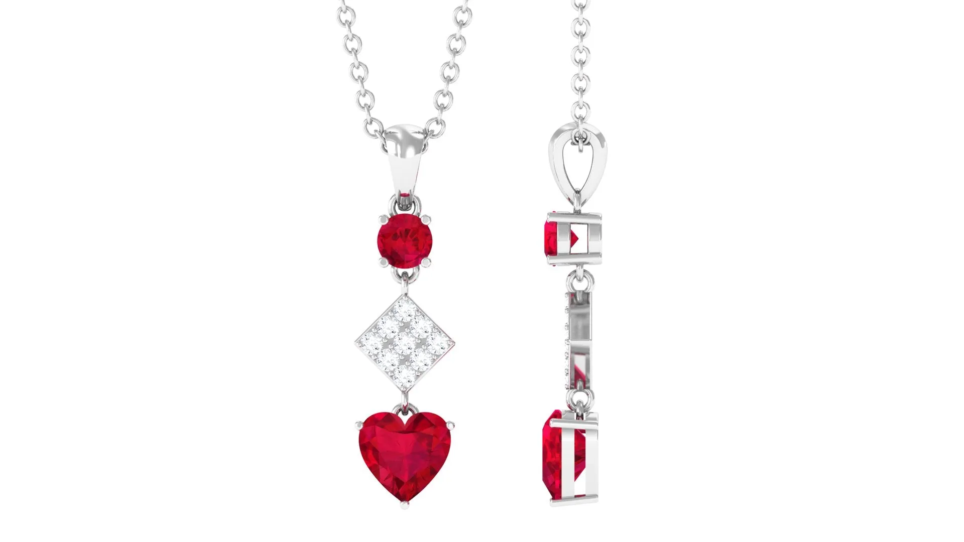 Round and Heart Shape Created Ruby Dangle Pendant with Diamond