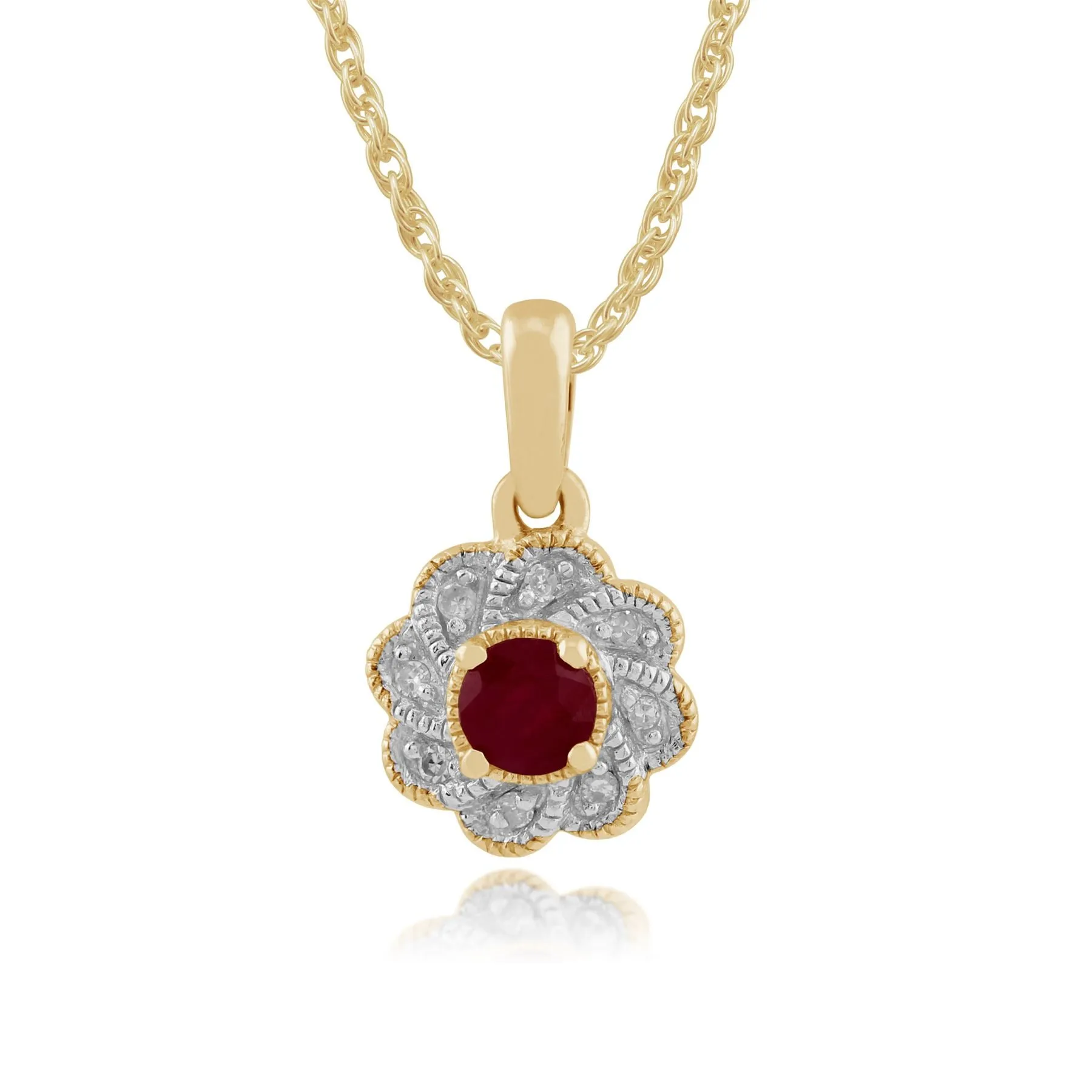 Rubin Halskette, 9 Karat Gelbgold 0.24ct ct Rubin & Diamant Blumen Anhänger an 45cm Kette