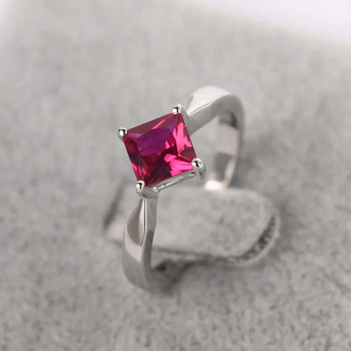 Ruby Square Cut Wedding  Ring - 925 Sterling Silver RIng