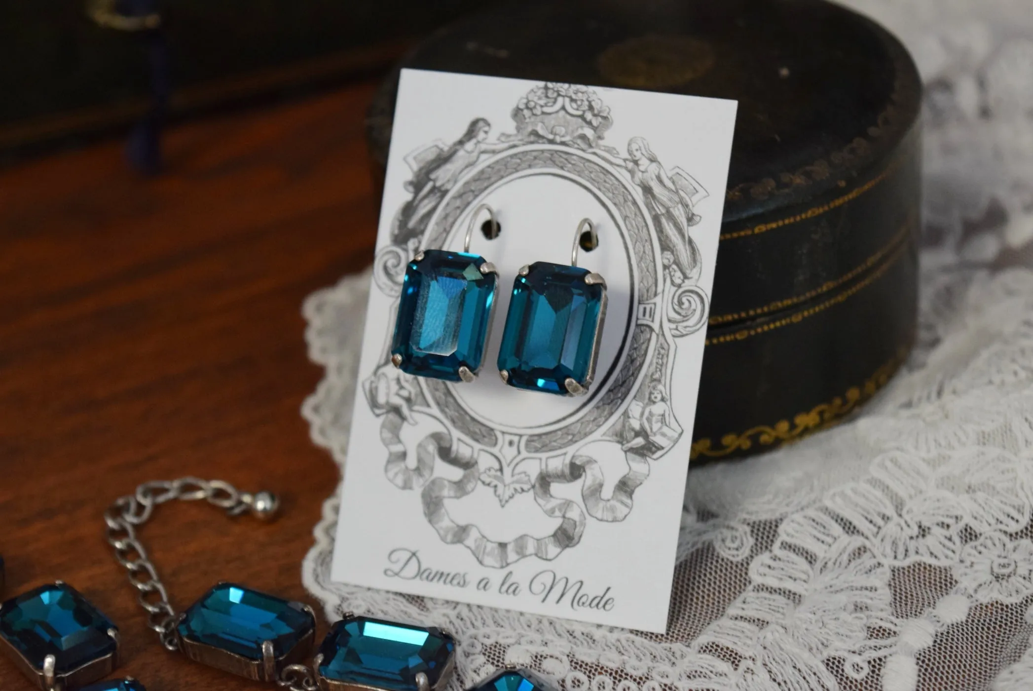 SALE! Dark Teal Blue Aurora Crystal Earrings - Large Octagon