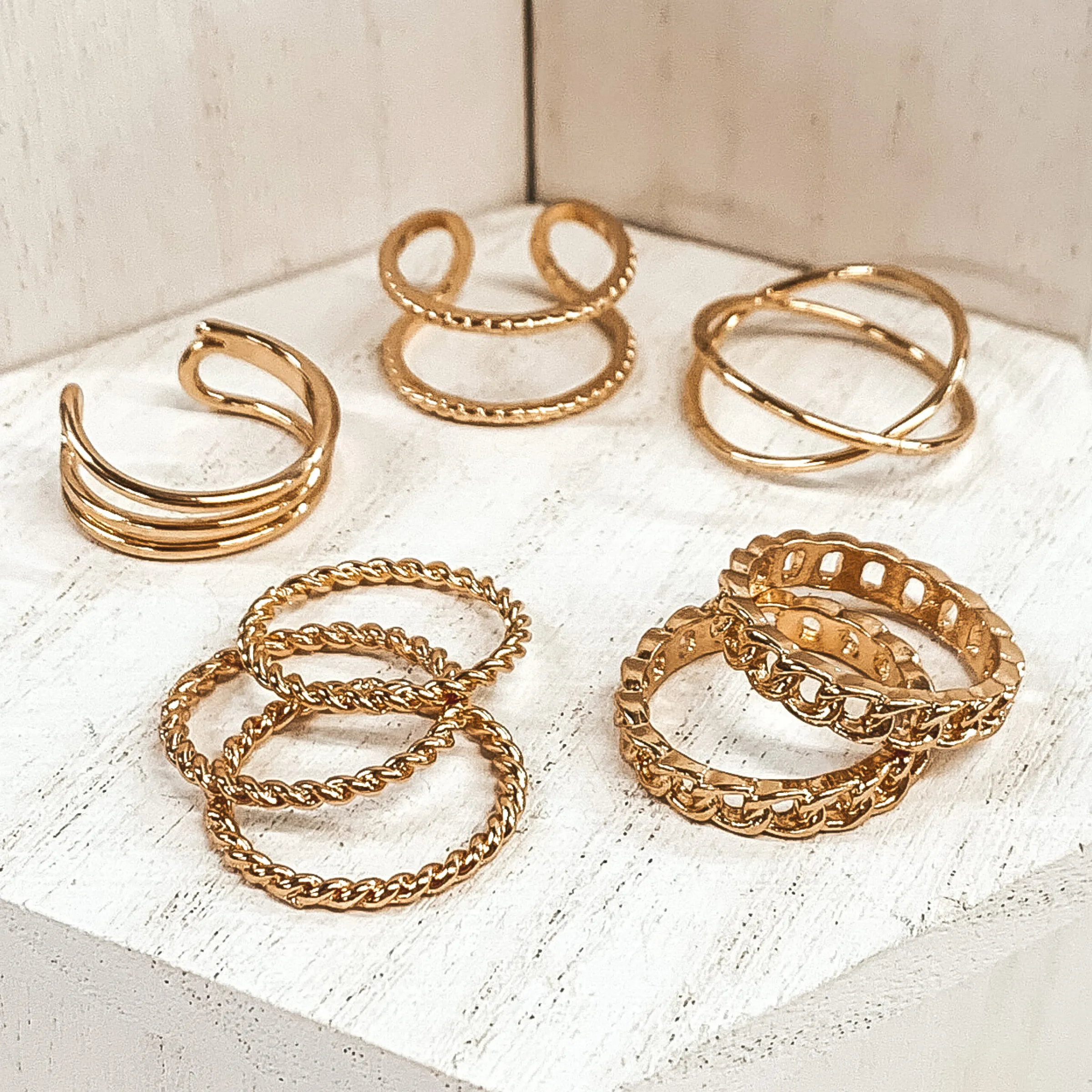 Set of 8 | Balancing Trends Ring Set in Gold Tone