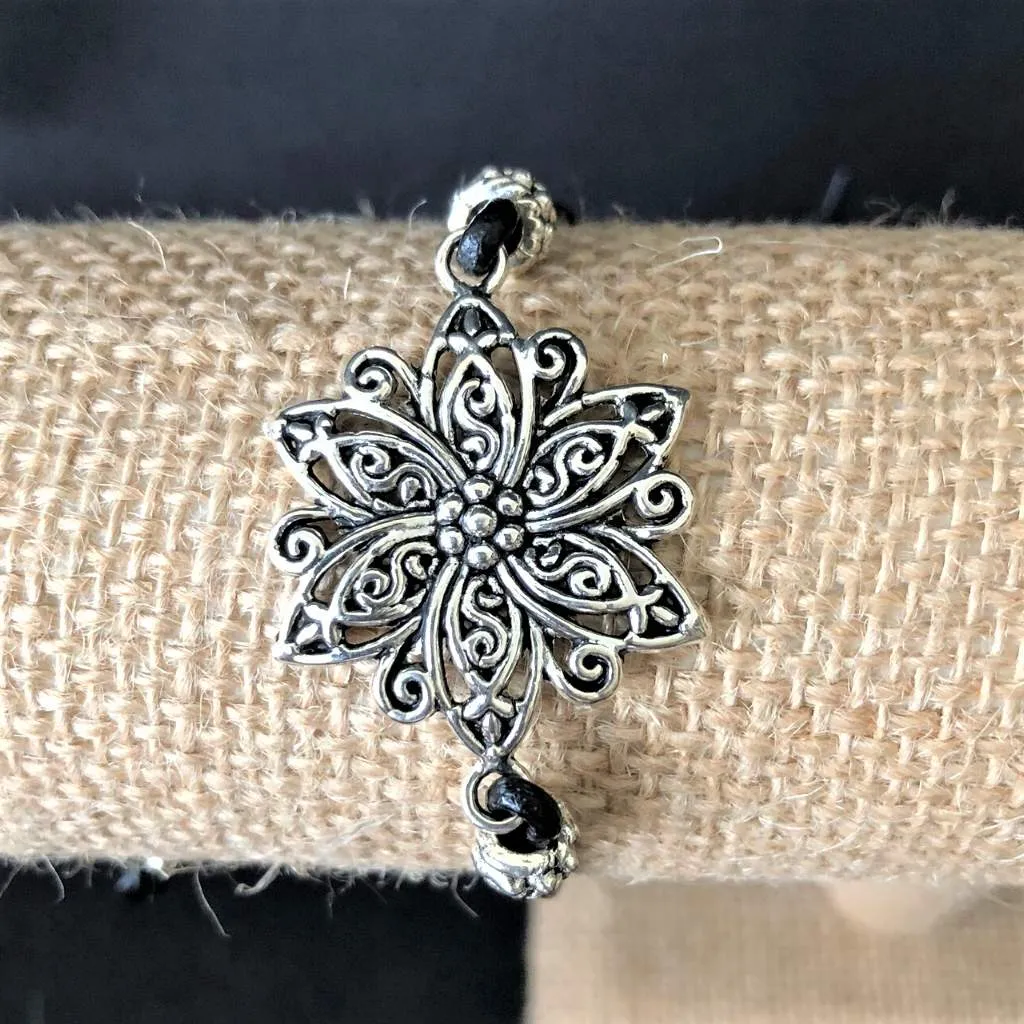 Silver Flower Black Leather Adjustable Bracelet