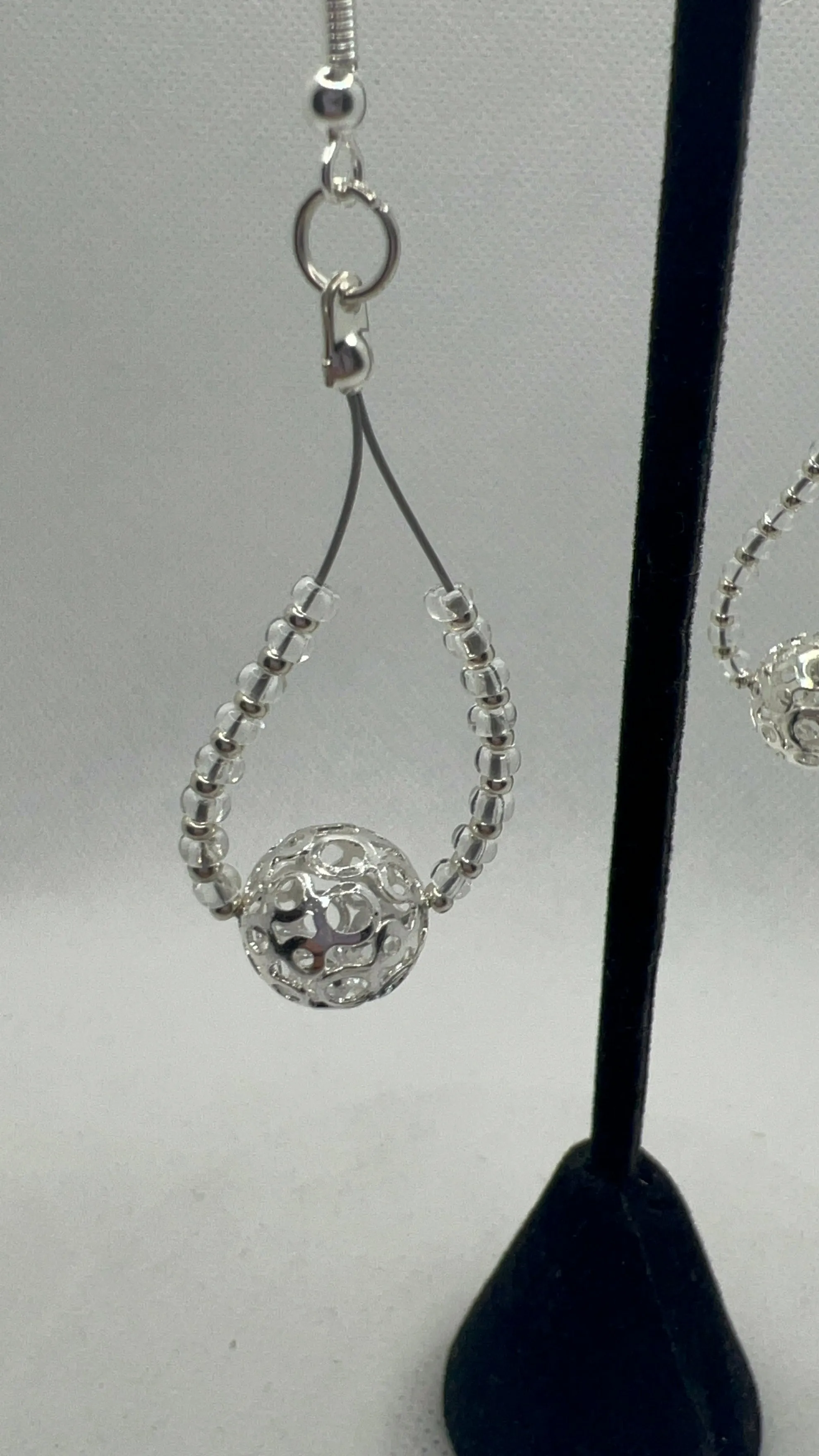 Silver Meshed Ball and clear crystals Dangle earrings