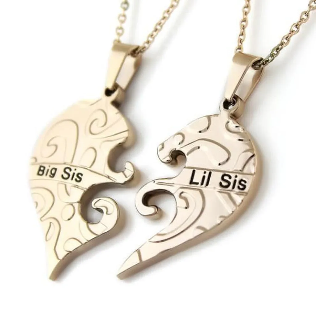 Sister Necklace Big Sis & Lil Sis Sister Gold Tone Necklace, Heart Necklaces Set (2pcs)