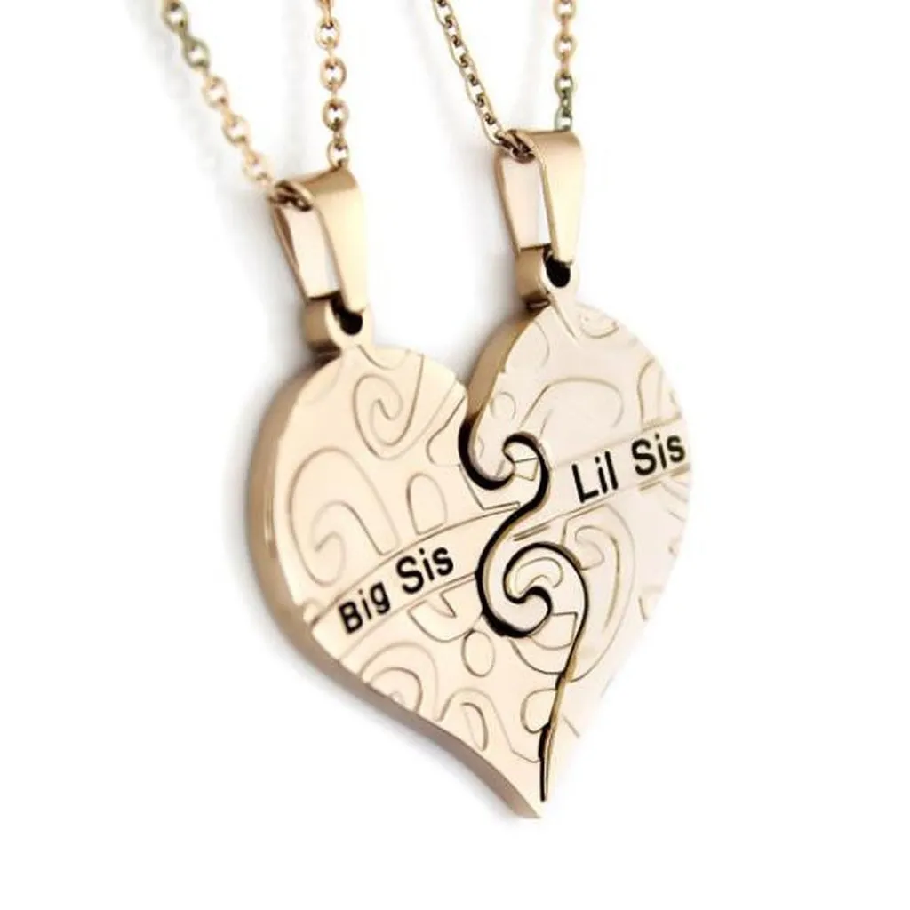 Sister Necklace Big Sis & Lil Sis Sister Gold Tone Necklace, Heart Necklaces Set (2pcs)