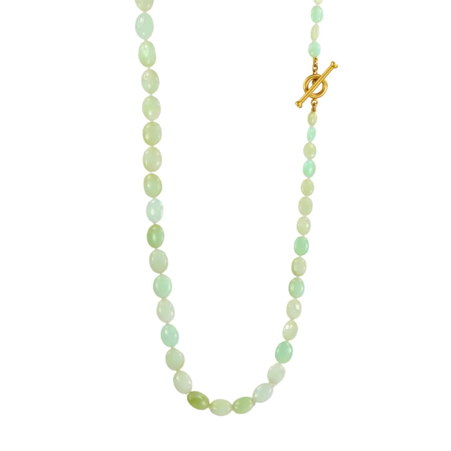 Smooth Oval Serbian Green Opal Beaded Necklace with 20K Gold Toggle Clasp